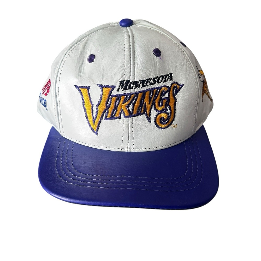 Vintage 90's Minnesota Vikings NFL Pro Elite White Leather Hat Cap Fan Merch‎